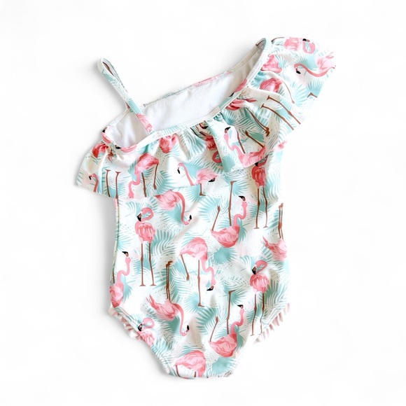 RuffleButts Flamingo Asymmetrical One Piece Swimsuit Ruffle Shoulder Girls 4T - Picture 2 of 10